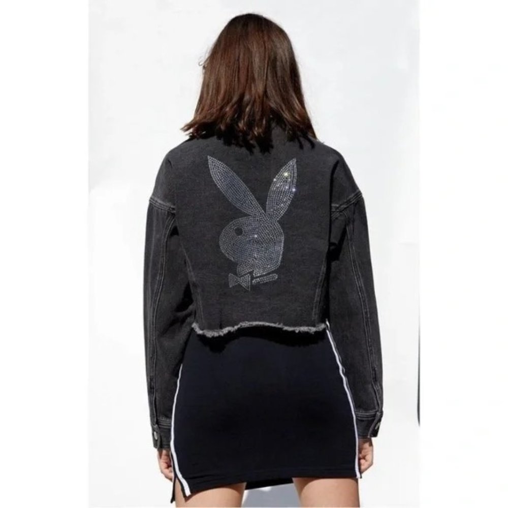 NEW PLAYBOY FOR PACSUN CROPPED RHINESTONE DENIM JEAN JACKET XS/S